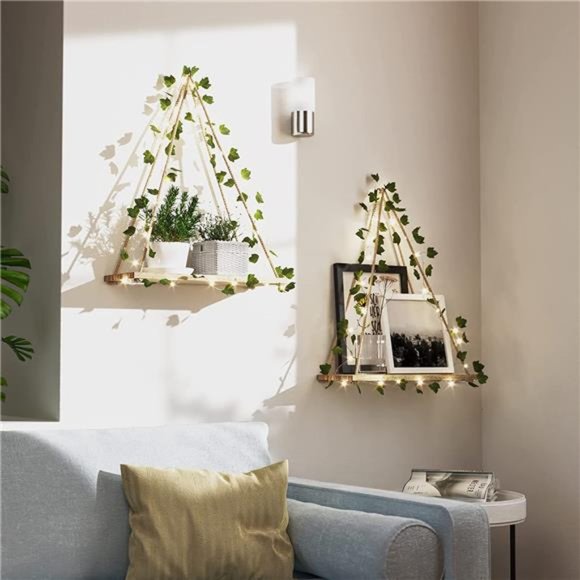 Set of 2 Ivy LED-Strip Wall Hanging Shelves Macrame Shelf Bedroom Bathroom Boho - Picture 8 of 12